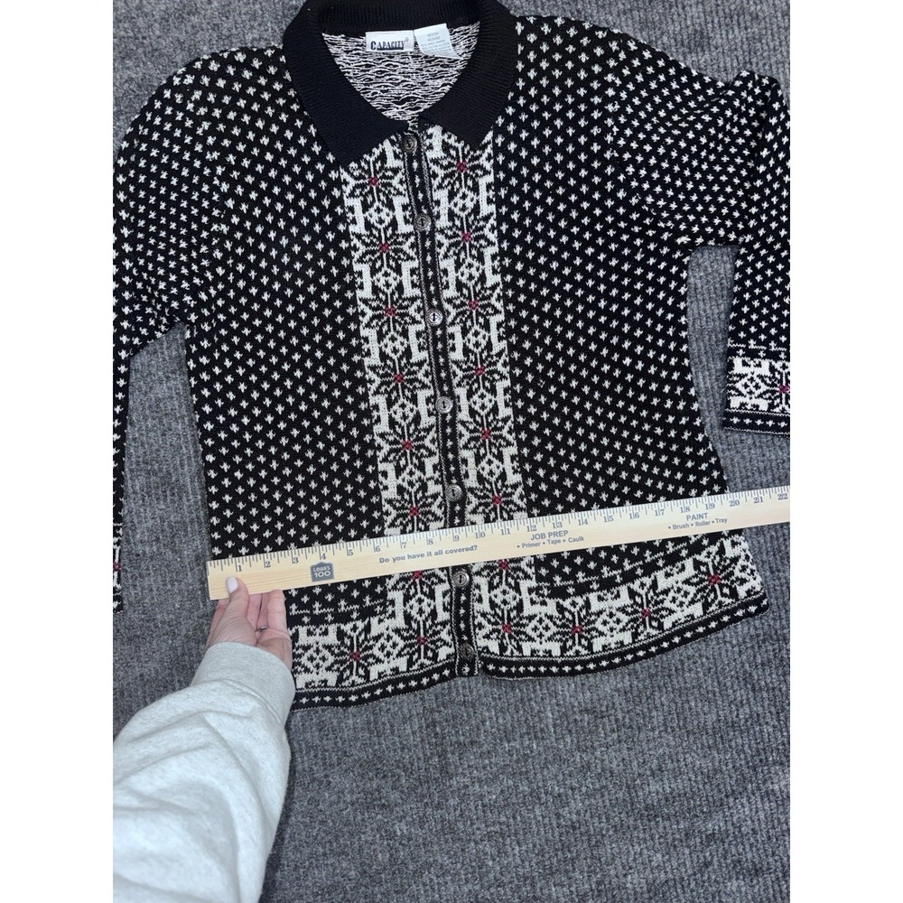 Y2K Capacity Fair Isle Collared Button Cardigan Sweater Black White Red M - Picture 10 of 13